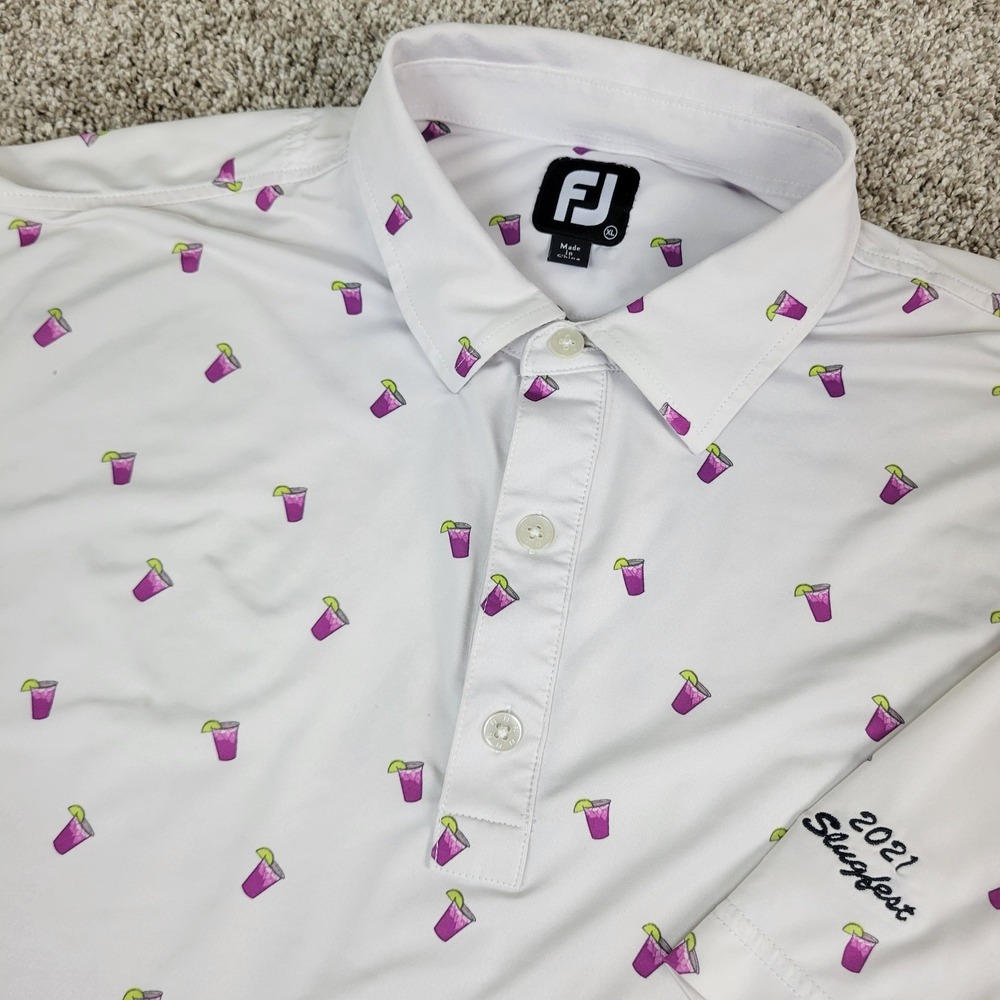 FootJoy Mens XL White AOP Drink Glass Performance Stretch Golf Polo Short Sleeve